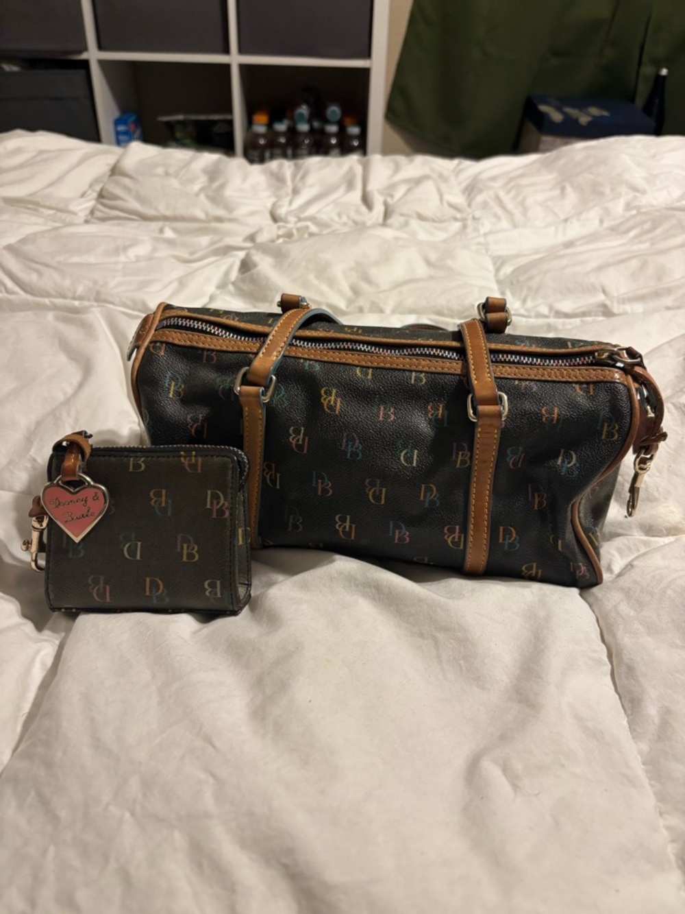 Dooney & Bourke Black Multicolor Logo Barrel Duffel with Brown Trim